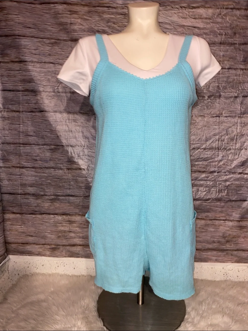 So Aqua Blue Waffle Knit Girls Romper